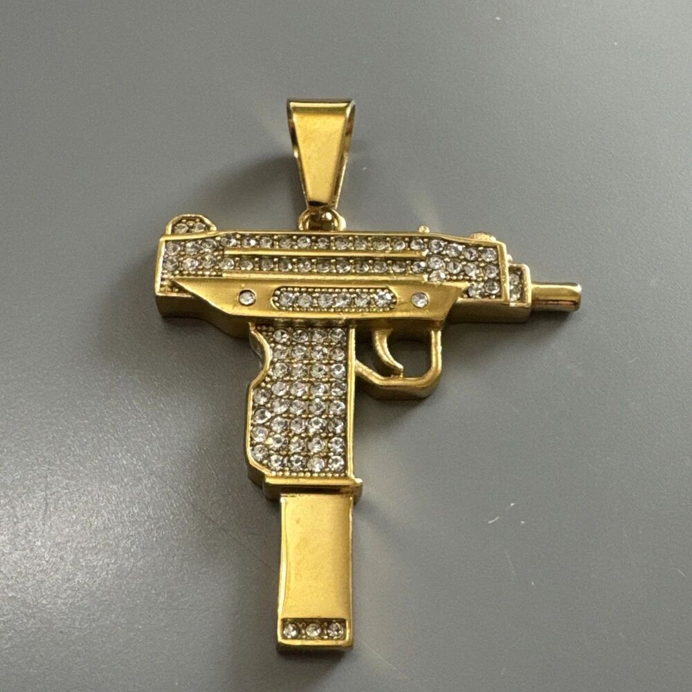 Stainless Steel Pendant Machine Gun Hip Hop Cubic Zirconia 24” Chain Gold Plated